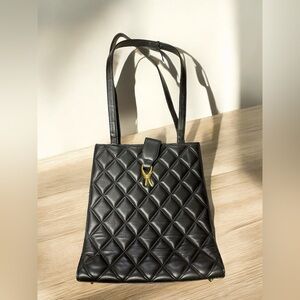 Black Vintage Quilted Leather Tote Bag Made In Italy Gold Hardware Office Classy